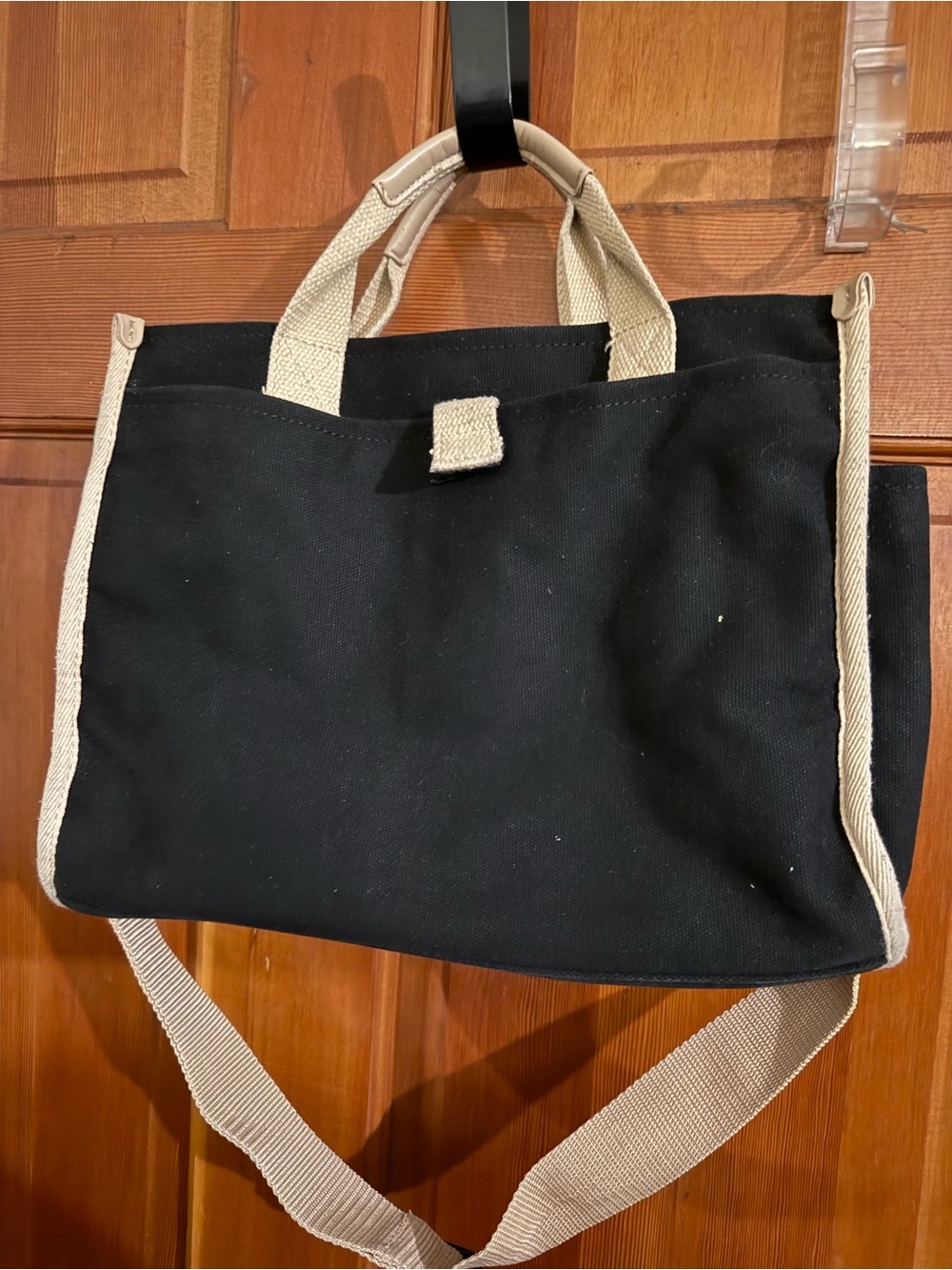 Classic Black Canvas Crossbody Tote with Cream Trim